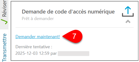 Capture d’écran : Demande d'un code d'accès numérique T2