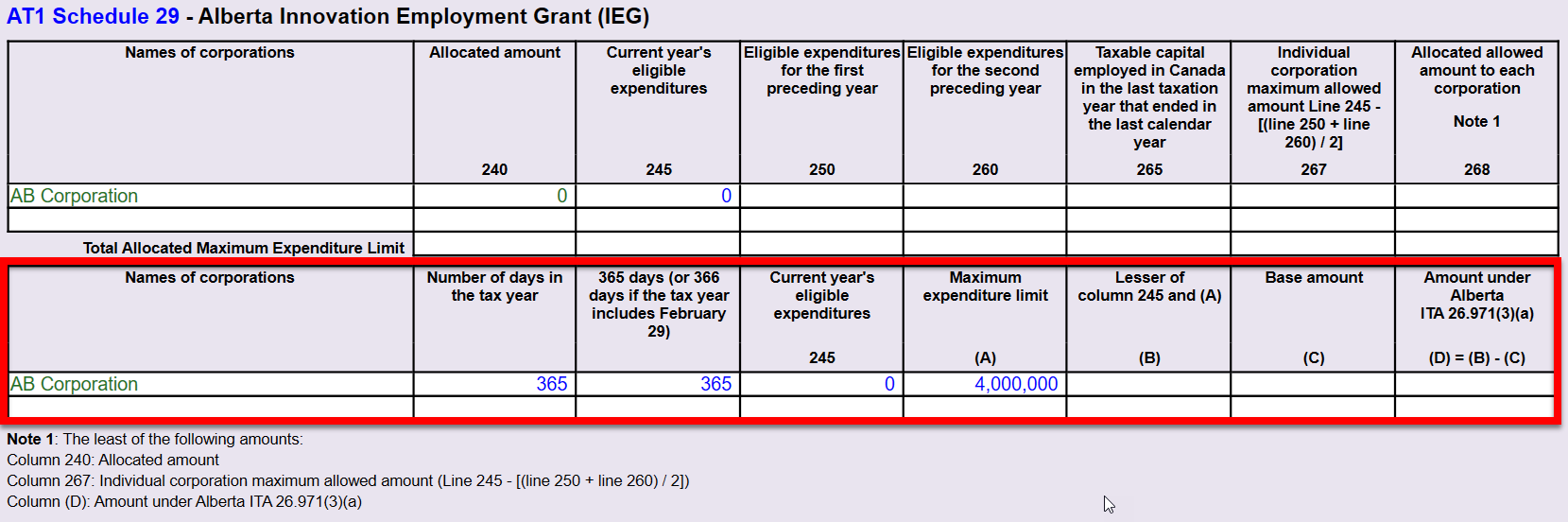Screen Capture: AS29 table on the CGI worksheet