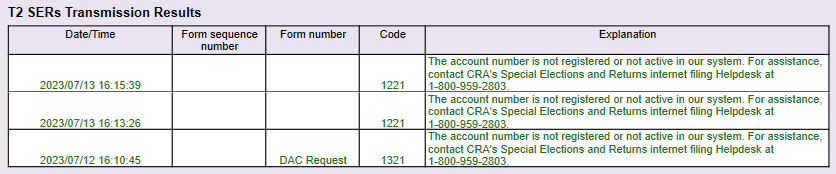 Screen Capture: T2 SERs Transmission Results table on the SERs worksheet