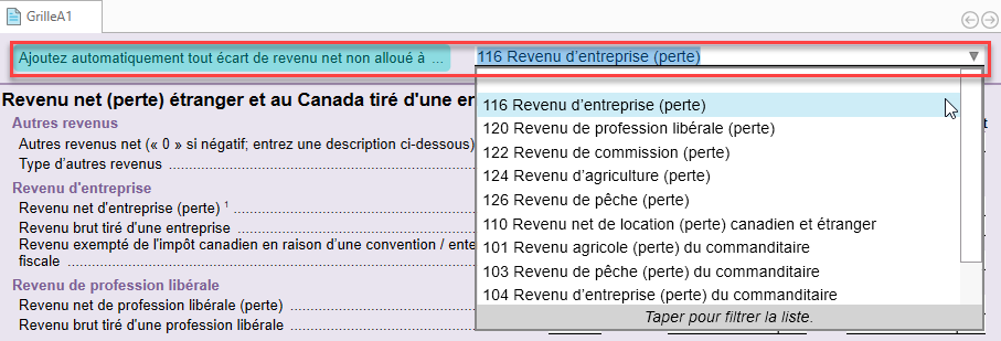 Capture d'écran : Répartition automatique de l'écart de revenu net dans TaxFolder T5013