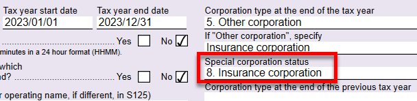 Screen Capture: Special corporation status on the Info worksheet