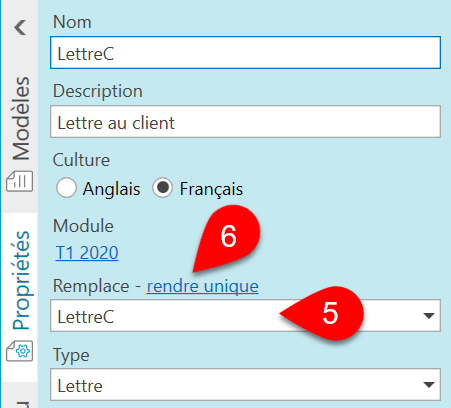 Capture d’écran : Volet latéral Propriétés - Remplace le champ