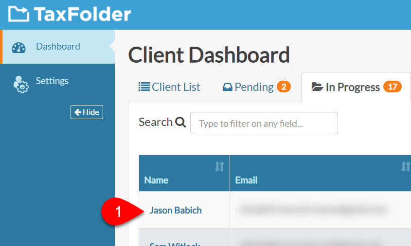Screen Capture: Select Client on Dashboard