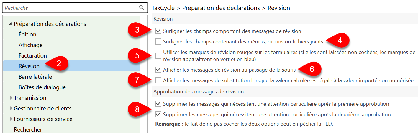 Capture d'écran : Options de révision