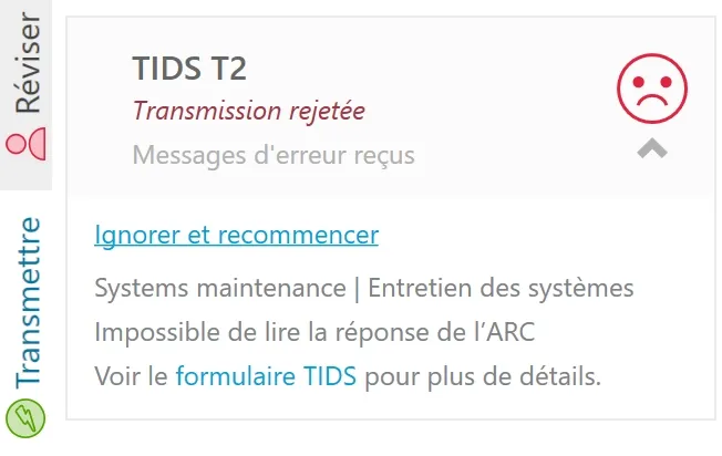 Capture d'écran : Transmission T2 rejetée