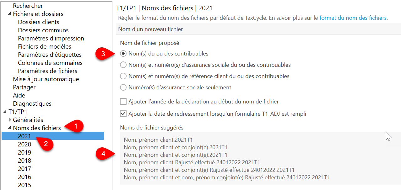 Nom des fichiers