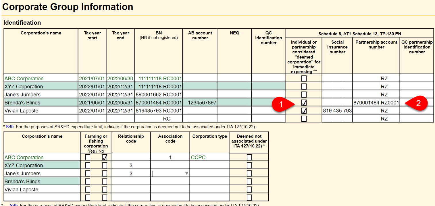 Screen Capture: Corporate Group Information