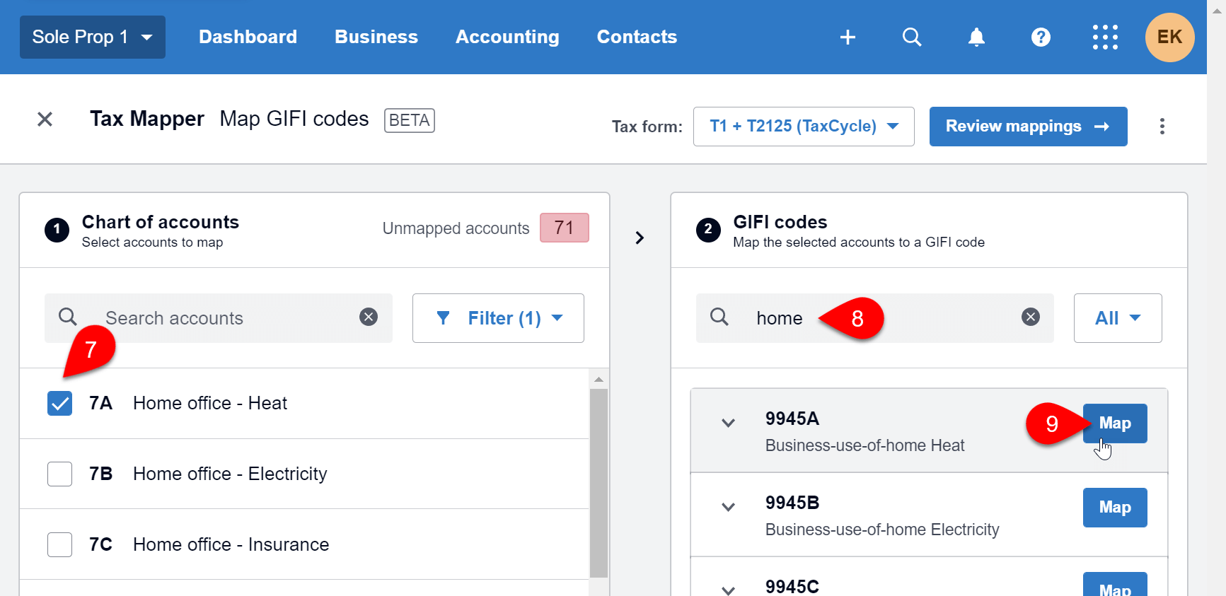 Screen Capture: Map home office expense