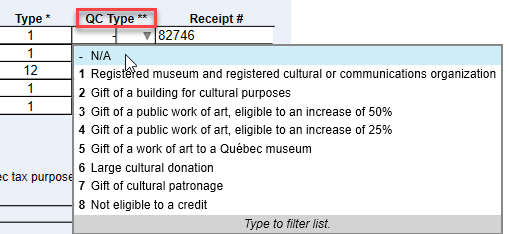 Select the type of Québec donation