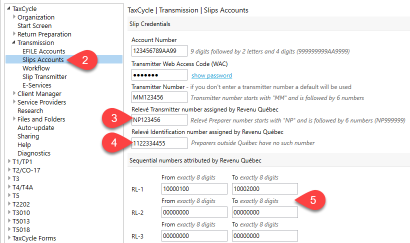 Screen Capture: Slips Accounts in TaxCycle