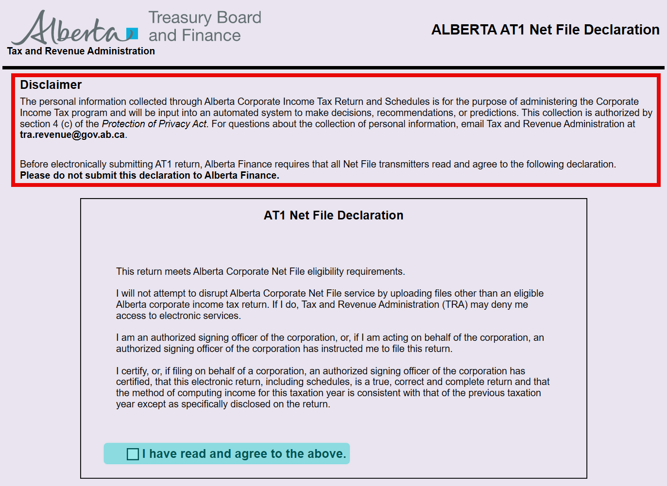 Screen Capture: Disclaimer on AT1 Net File Declaration