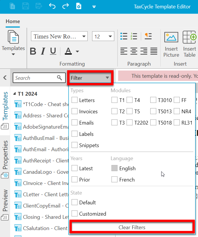 Screen Capture: Template Editor Filtering