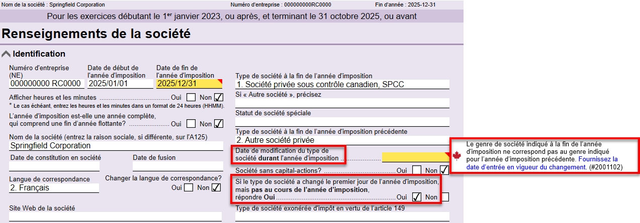 Capture d’écran : Changement de type de société sur la grille de calcul Info
