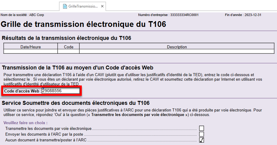 Capture d'écran : champ de Code d'accès Web sur une GrilleTransmissionT106