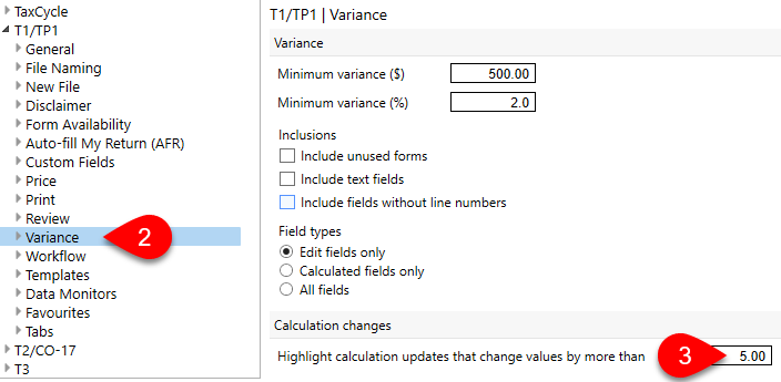 Screen Capture: Module variance options