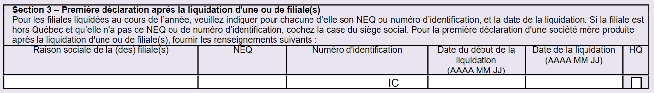 Capture d'écran : Tableau liquidation de filiales sur le QC24