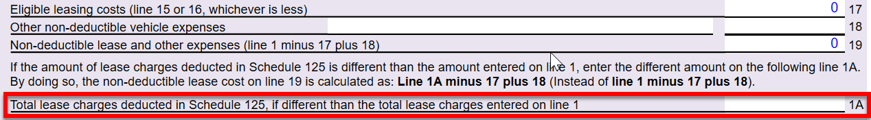 Screen Capture: New line 1A on the Motor Vehicle Expense worksheet