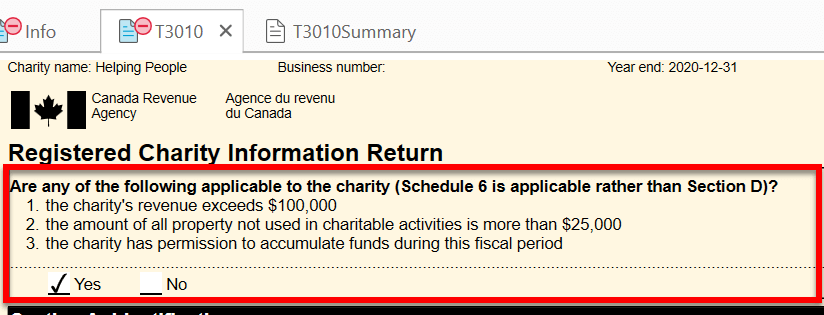 Screen Capture: Section D or Schedule 6 Question