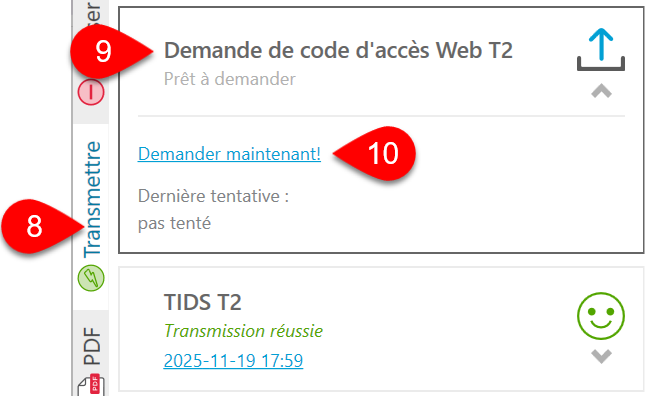Capture d'écran : Demande de code d'accès Web T2