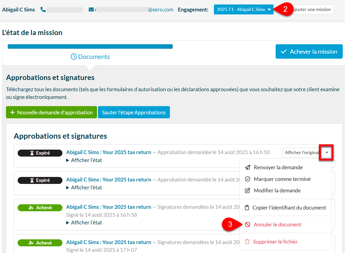 Capture d'écran : Annuler le document dans TaxFolder