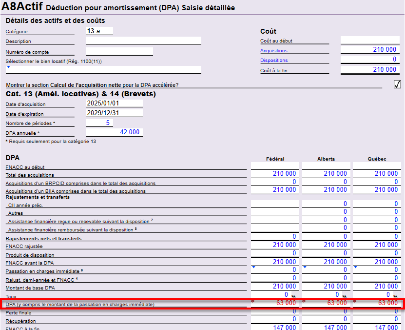 Capture d'écran : A8Actif dans TaxCycle T2