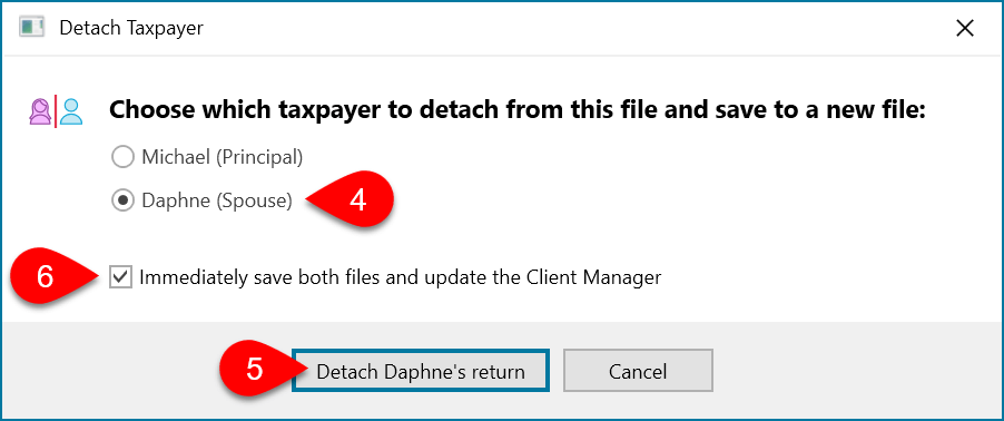 Screen Capture: Choose Which Taxpayer to Detach