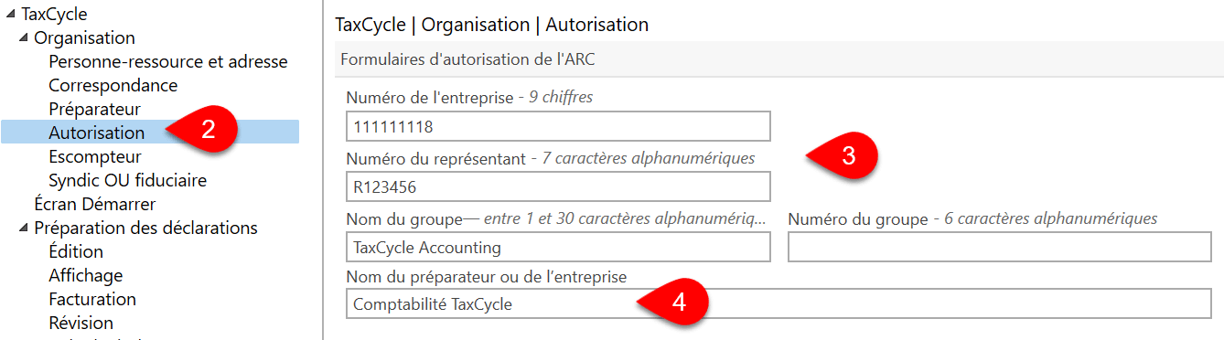 Capture d’écran : Options d’autorisation TaxCycle