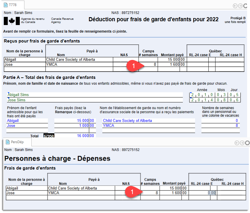 Capture d'écran : T778 et PersDép pour les frais de garde d'enfants