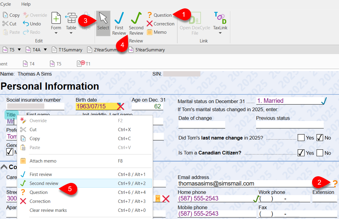 Screen Capture: Review marks in TaxCycle