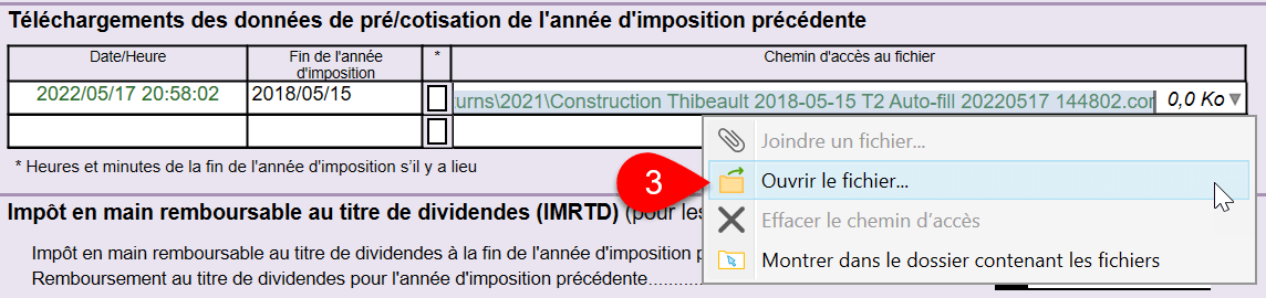 Capture d'écran : Téléchargement de données des déclarations d’années fiscales précédentes
