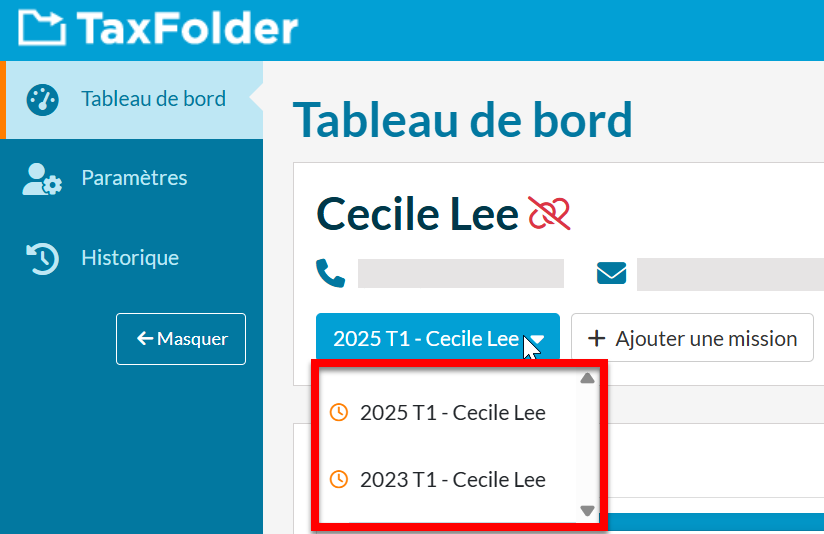 Capture d'écran : Tableau de bord TaxFolder