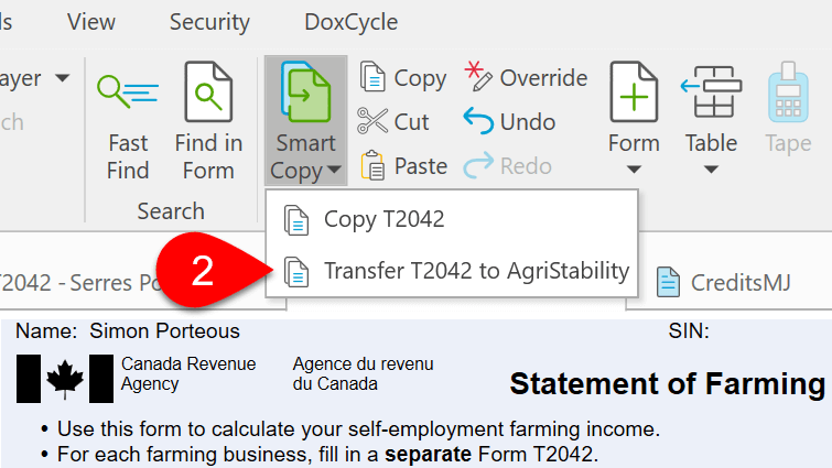 Screen Capture: Transfer T2042 to AgriStability