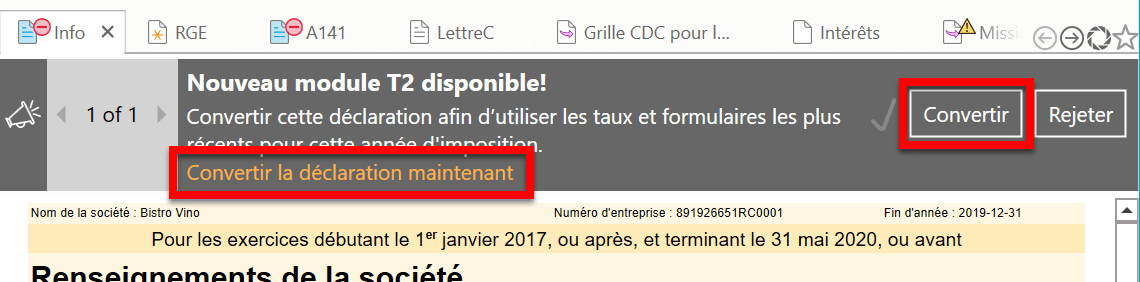 Capture d’écran : Message de conversion T2