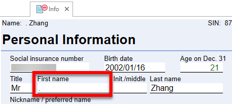 Screen Capture: Enter a period in the First name field on the Info worksheet