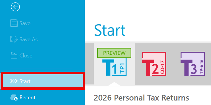 Screen Capture: Start screen interface