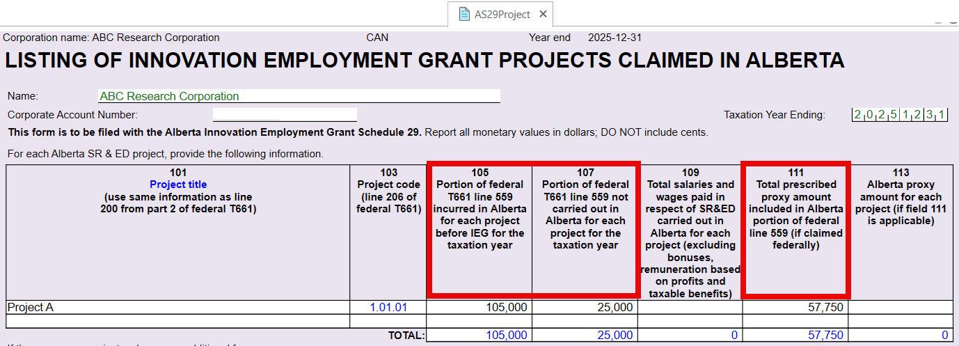 Screen Capture: Table on AS29Project worksheet