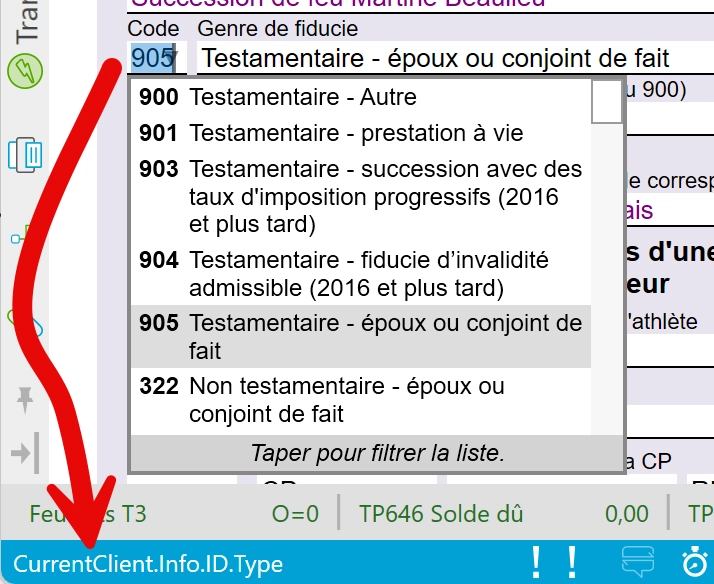 Capture d'écran :Copier le code du champ du type de fiducie