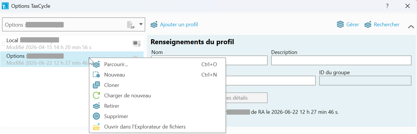 Screen Capture: Options profiles in TaxCycle