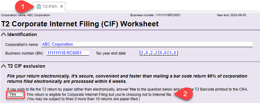 Screen Capture: T2CIFWS in TaxCycle