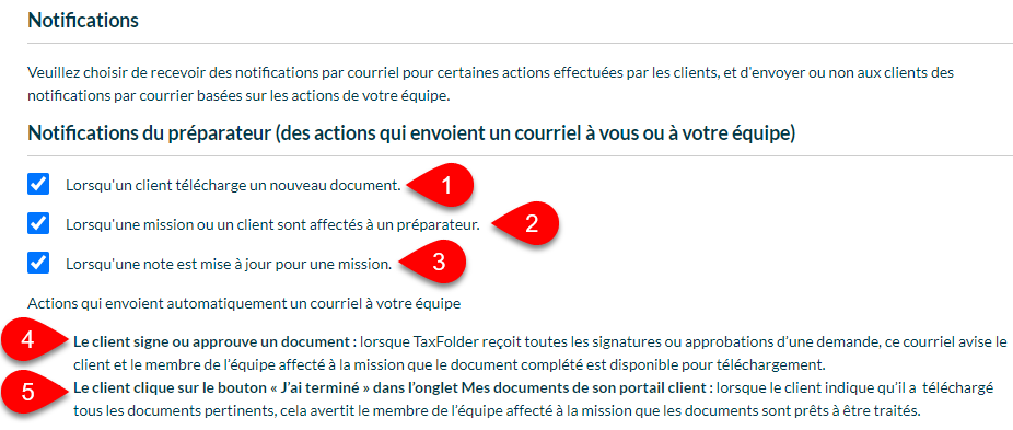 Capture d’écran : Paramètres de notifications dans TaxFolder