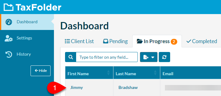 Screen Capture: Client on Preparer Dashboard