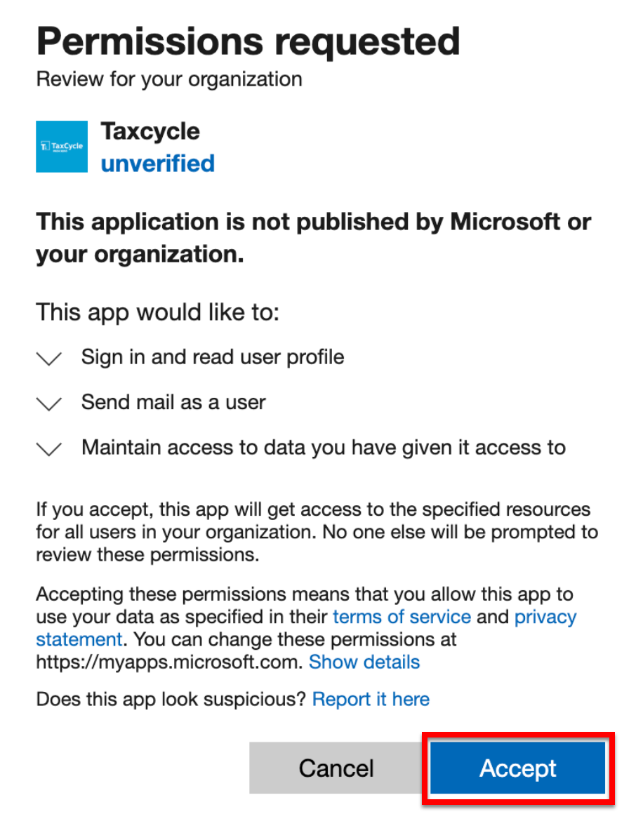 Screen Capture: Permissions requested by Microsoft