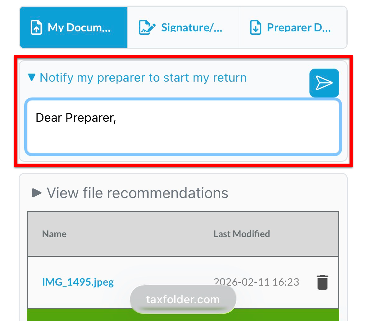 Screen Capture: Notify my preparer to start my return