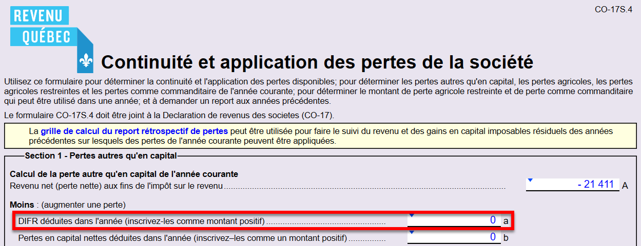 Capture d'écran : Dépenses d’intérêts et de financement restreintes sur CO17S.4