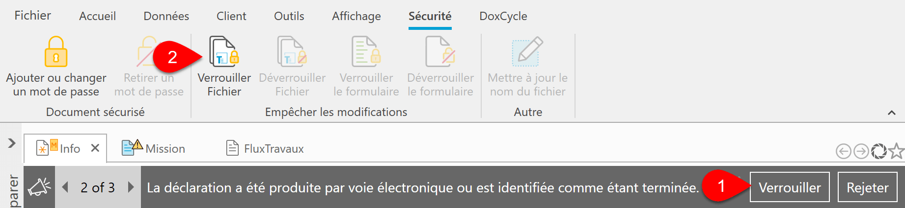 Capture d'écran : Verrouiller le fichier dans le menu Sécurité