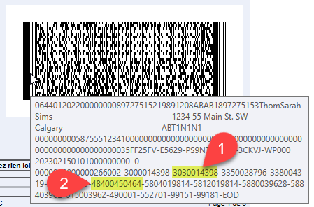 Capture d'écran : contenu du code-barres d'une T1 condensée