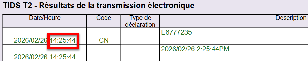 Capture d'écran : Résultats de la transmission électronique