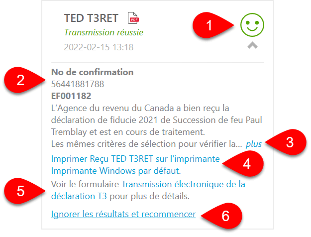 Capture d’écran : Transmission réussie d’une T1 par la TED