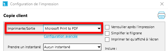Capture d'écran : Sélectionner Microsoft Print to PDF dans  les paramètres imprimante/sortie
