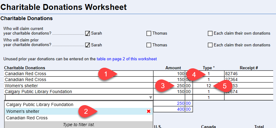 Screen Capture: Data entry table on the Donations worksheet